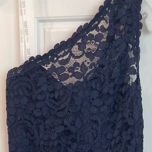 One shoulder formal dress with lace bodice.  Grosgrain ribbon across waist.